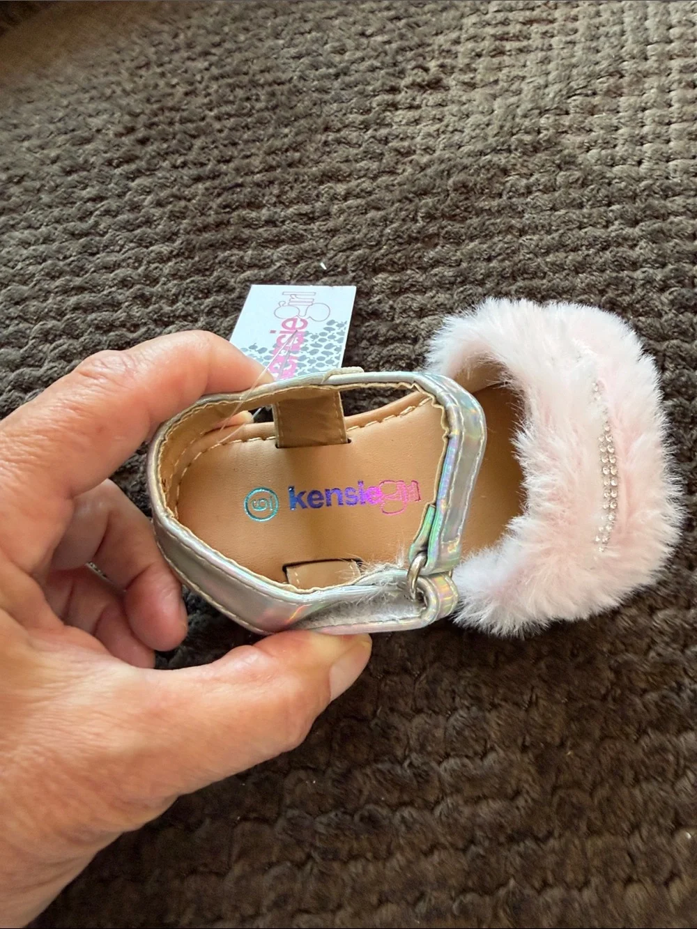 Kensie Girls Pink Faux Fur Sandals with Iridescent Strap